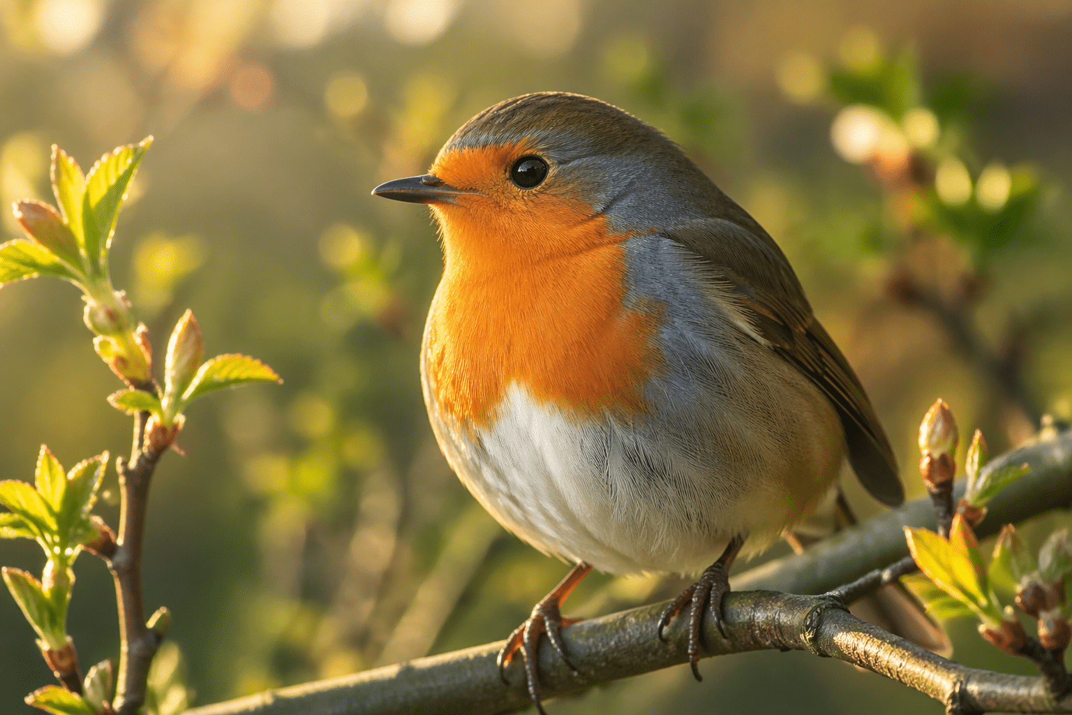 M&eacute;sange bleue et rougegorge familier pos&eacute;s sur une branche dans un jardin