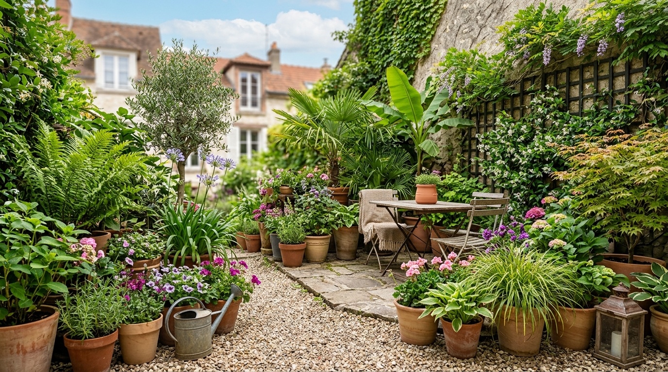 Petit jardin aménagé avec des pots, des plantes méditerranéennes et un coin repas