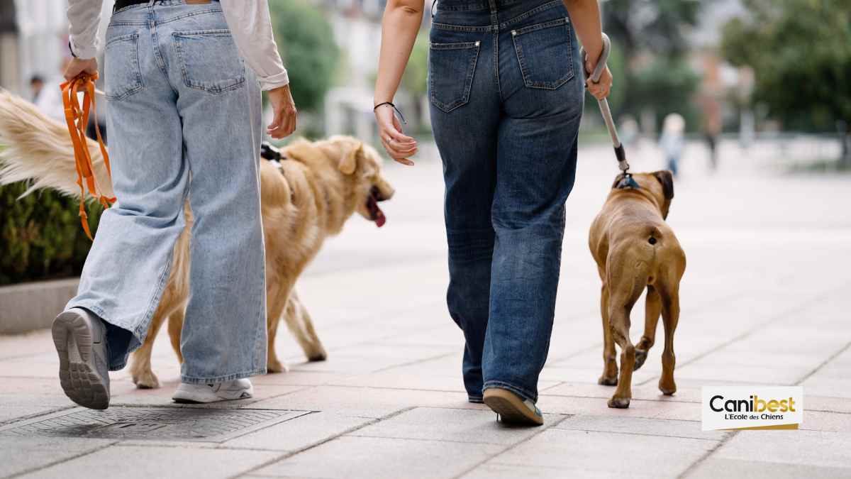 Chien tenu en laisse pendant une promenade de chien dans un parc arboré