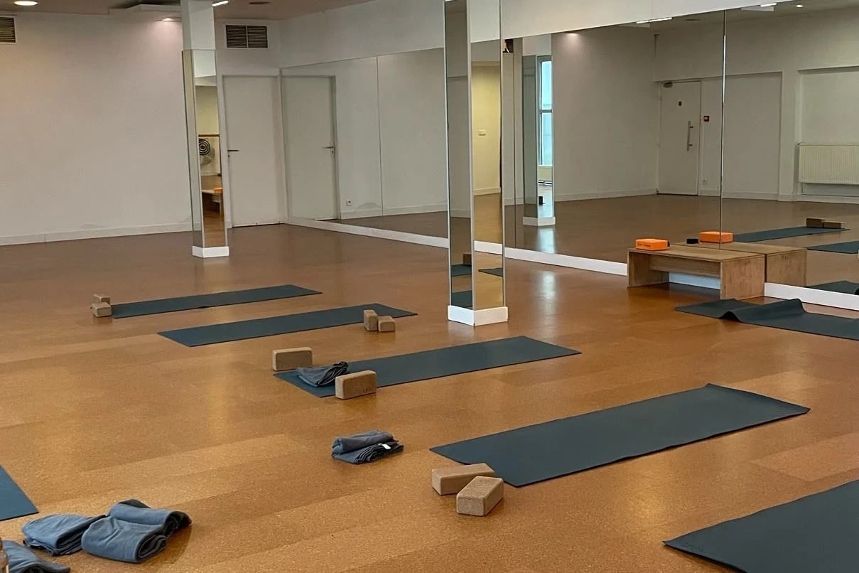 Salle lumineuse de yoga avec tapis prêts pour une séance